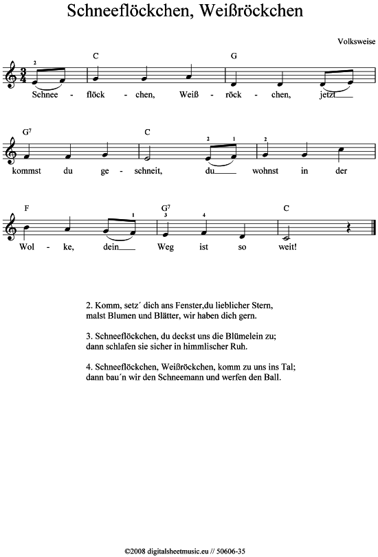 Schneeflöckchen, Weißröckchen Keyboard PDF Noten von Weihnachtslied