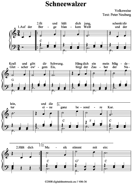 Schneewalzer - Klavier Klavier solo - PDF Noten von Volkslied in - 406-36