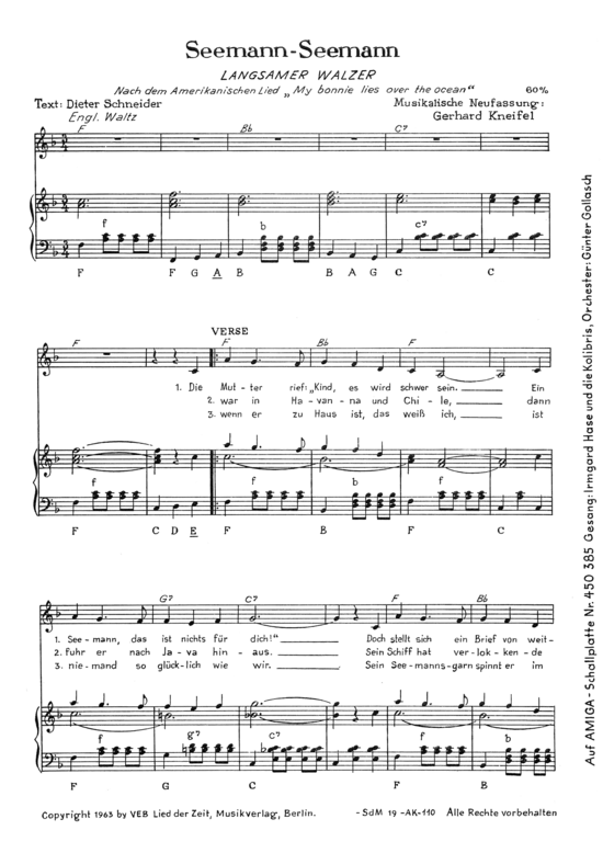Seemann Seemann (My Bonnie Lies over the Ocean) (Klavier + Gesang) (Klavier Gesang  Gitarre) von Irmgard Hase und die Kolibris amp Orchester G uuml nter Gollasch