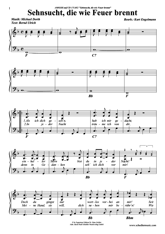 Sehnsucht, die wie Feuer brennt Klavier   Gesang - PDF Noten von Amigos in - RSV171EA