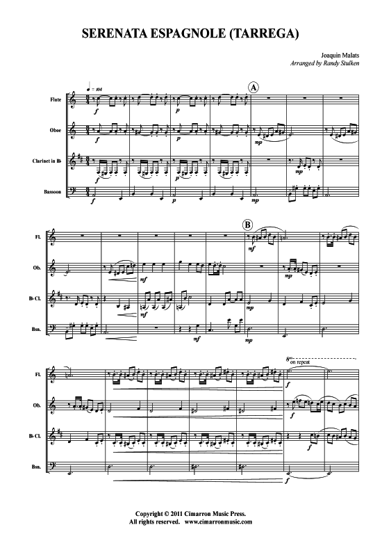 Serenata Espagnole (Fl ouml te Oboe Klarinette Fagott) (Quartett (Holzbl ser)) von Joaquin Malats