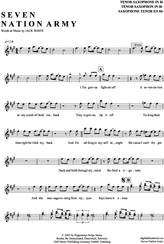 Seven Nation Army TenorSax PDF Noten von White Stripes in Fis Moll