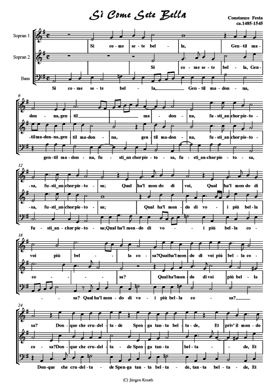 Si Come Sete Bella (Gemischter Chor SSB) (Gemischter Chor) von Constanzo Festa ca.1485-1545