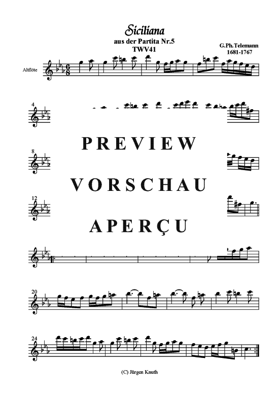 Siciliana aus der Partita Nr. 5 (Alt-Fl ouml te Solo) (Altfl te) von G. Ph. Telemann (TWV41)