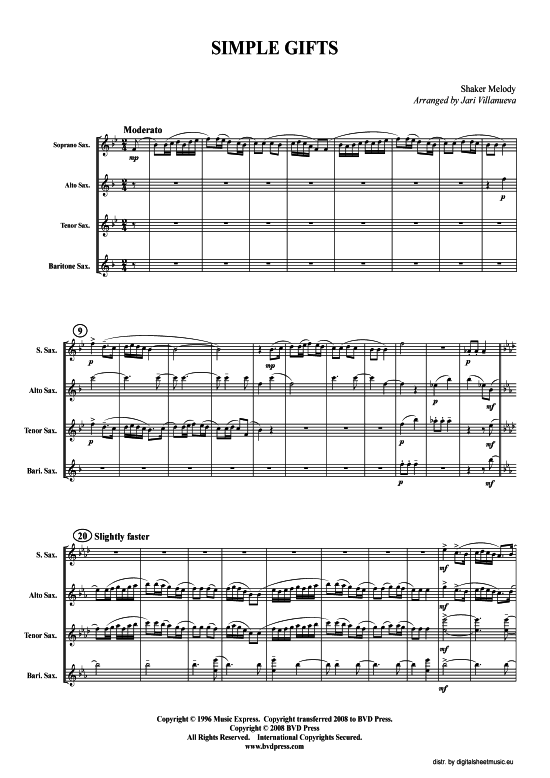 Simple Gifts SaxophonQuartett SAATB PDF Noten von Traditional arr