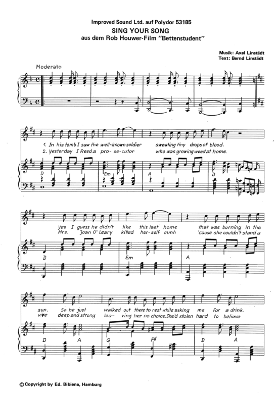 Sing Your Song (Klavier + Gesang) (Klavier  Gesang) von aus Bettenstudent (Film 1969)