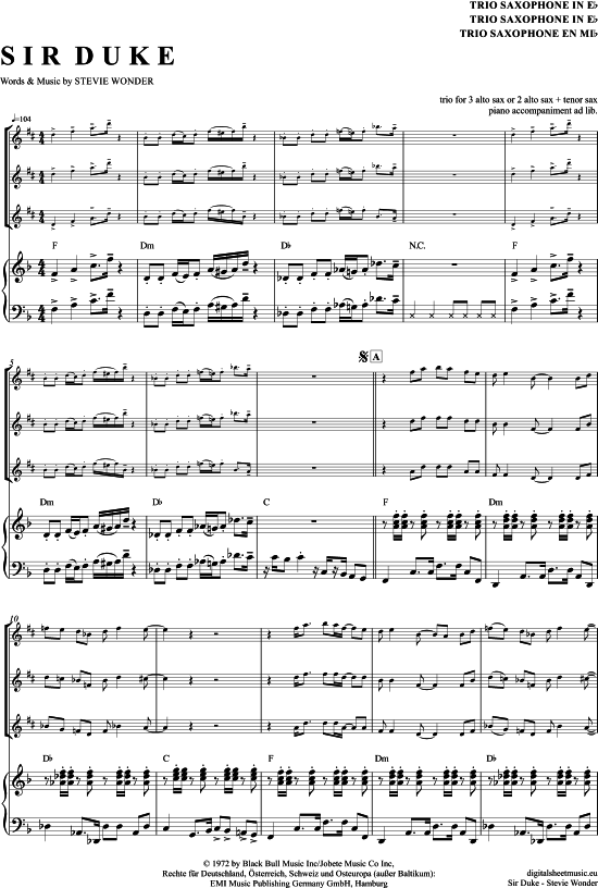 Sir Duke (Saxophon Trio AAA(T) + Klavier) (Trio (3 St.)) von Stevie Wonder