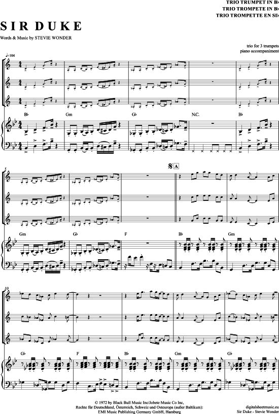 Sir Duke (Trompeten Trio + Klavier) (Trio (Trompete)) von Stevie Wonder