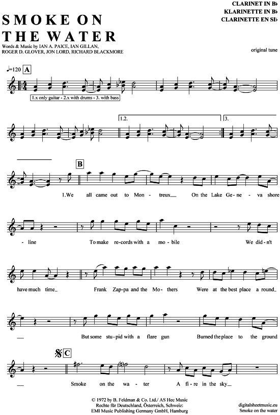 Smoke On The Water Text Und Noten Smoke on the water Klarinette in B - PDF Noten von Deep Purple in A