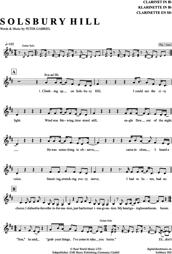 Solsbury Hill (Klarinette in B) (Klarinette) von Peter Gabriel