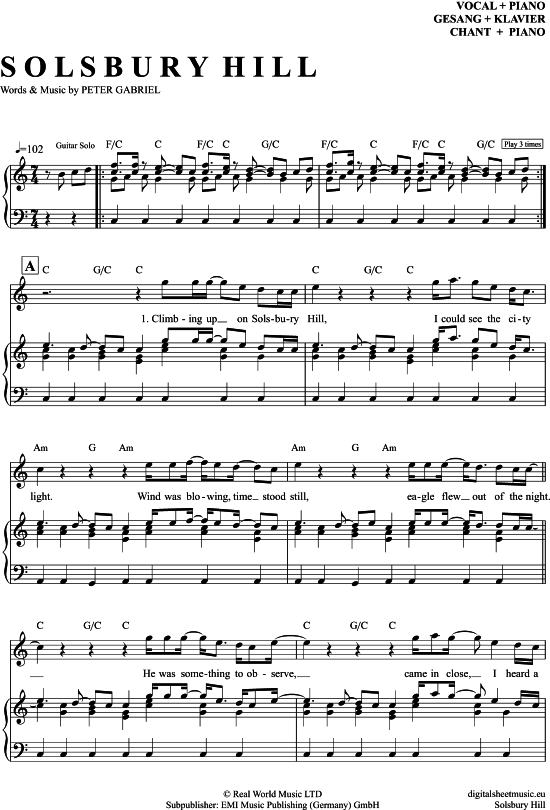 Solsbury Hill (Klavier + Gesang) (Klavier Gesang  Gitarre) von Peter Gabriel