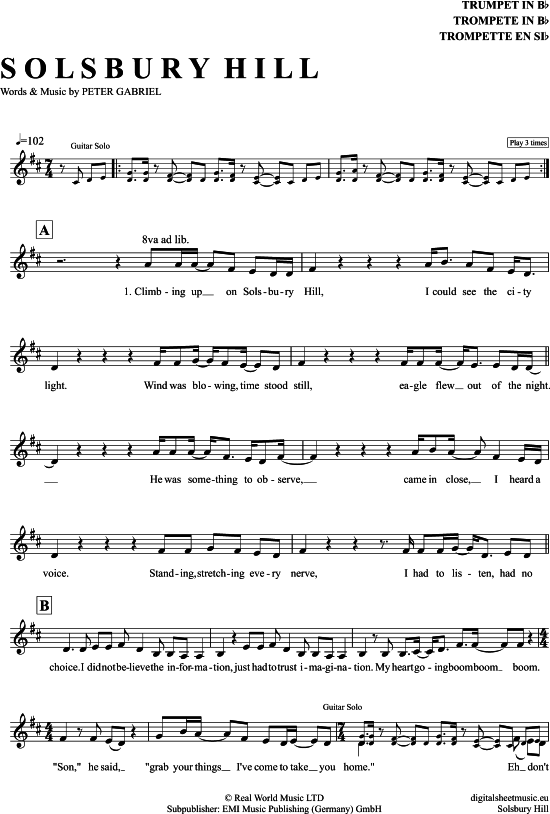 Solsbury Hill (Trompete in B) (Trompete) von Peter Gabriel