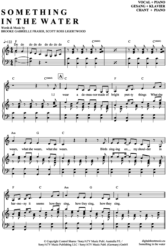 Something in the water Klavier + Gesang PDF Noten von Brooke Fraser