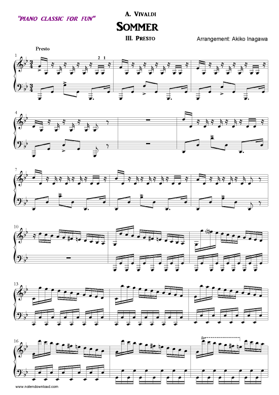 Sommer - Presto (Klavier Solo) (Klavier Solo) von Antonio Vivaldi (arr. Akiko Inagawa)