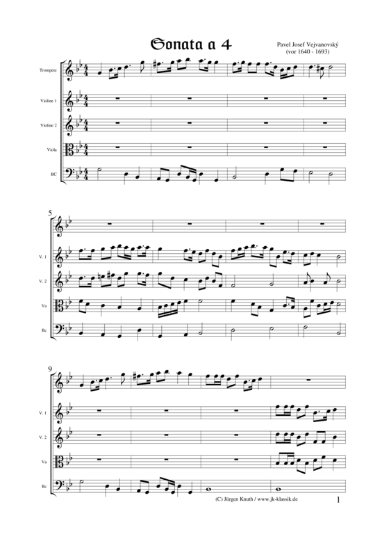 Sonata a 4 (Trompete + Streichquartett) (Ensemble (Streicher)) von Pavel Josef Vejvanovsk  (1640-1693)