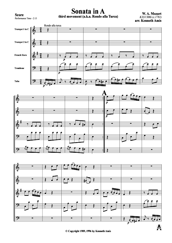 Sonata in A (Blechbl auml serquintett) (Quintett (Blech Brass)) von W. A. Mozart (3.Satz Rondo alla turca)