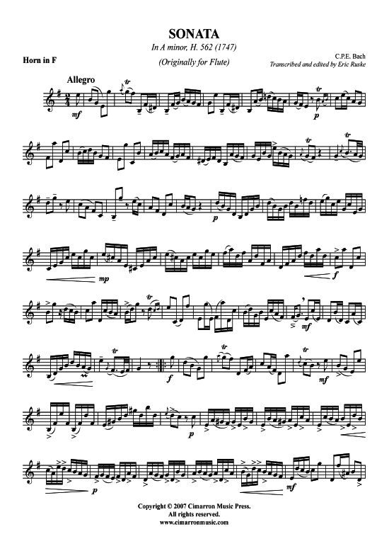 Sonata in A-Moll H. 562 (Horn in F Solo) (Horn in F) von Carl Philipp Emanuel Bach