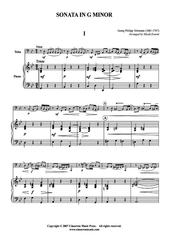 Sonata in G-Moll 150 4 S auml tze (Tuba + Klavier) (Klavier  Tuba) von Georg Philipp Telemann