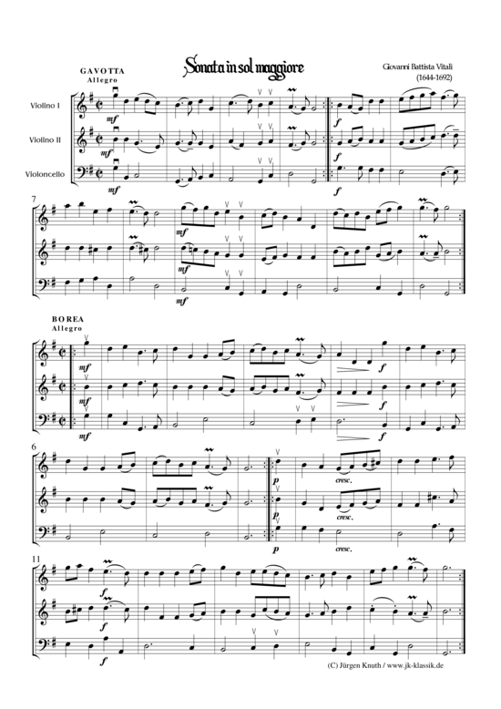 Sonata in sol maggiore (Trio 2x Violine und Cello) (Trio (Streicher)) von Giovanni Battista Vitali (1644-1692)