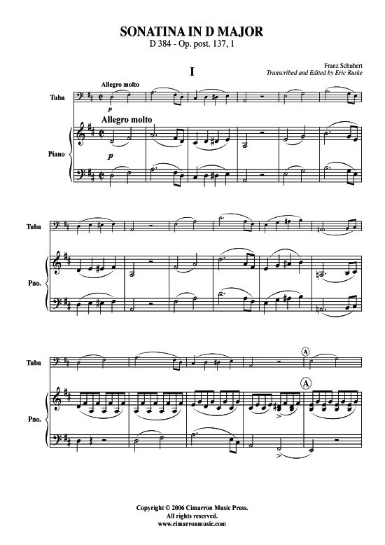 Sonatina in D Major (Tuba + Klavier) (Klavier  Tuba) von Franz Schubert (D 384 Op. post. 137 1)