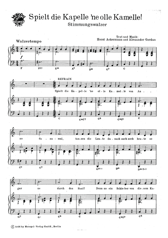 Spielt die Kapelle ne olle Kamelle (Klavier + Gesang) (Klavier Gesang  Gitarre) von Stimmungswalzer