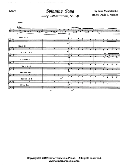Spinnerlied (Lieder ohne Worte) op. 67 Nr. 4 (Solo-Stimme in B + Concert Band) (Concert Band  Solo Instrument) von Felix Mendelssohn Bartholdy (Noten-Scan arr. D. Werden)