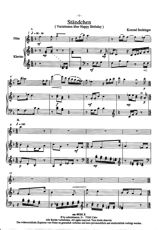 St auml ndchen (Alt- Querfl ouml te + Klavier) (Klavier  Querfl te) von Konrad Seckinger (Variationen uuml ber Happy Birthday)