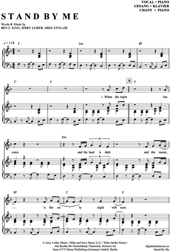Stand by me Klavier + Gesang PDF Noten von Ben E. King in F Dur 7070234