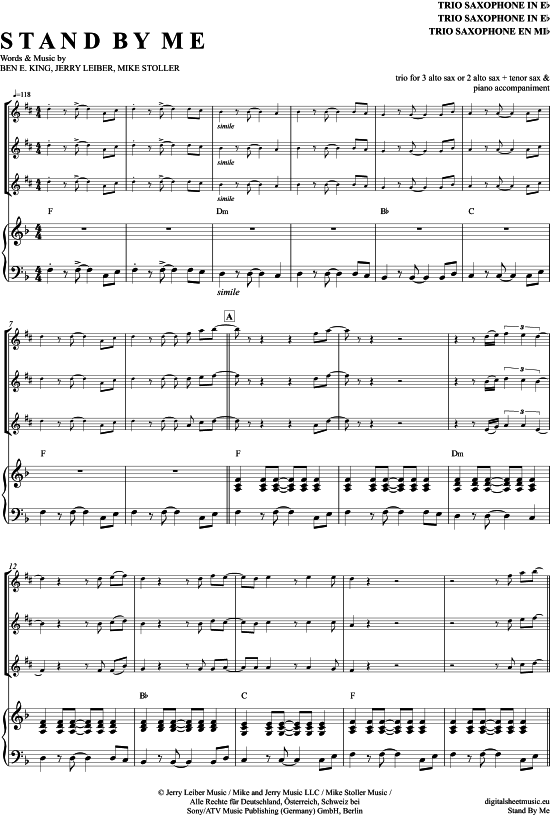 Stand By Me Saxophon Trio AAAT + Klavier PDF Noten von Ben E. King in