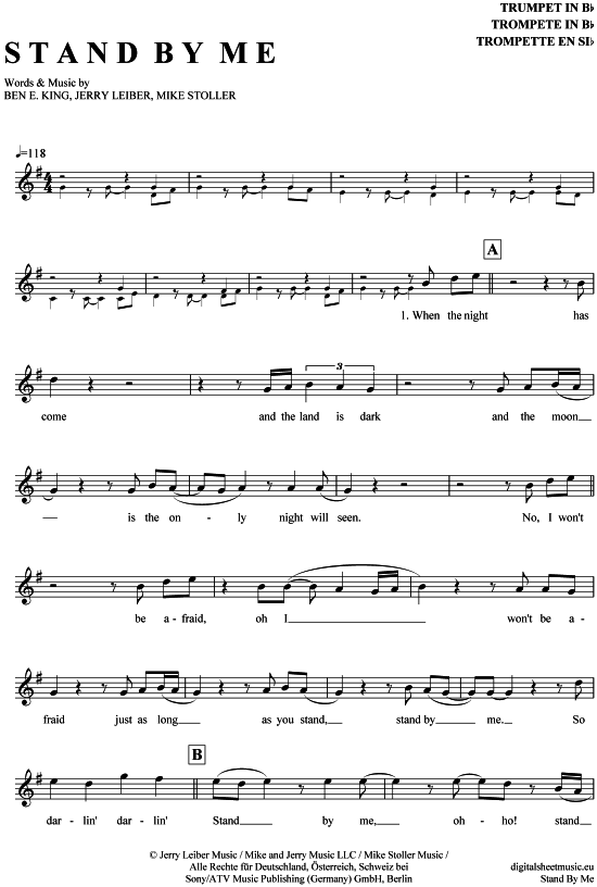 Stand by me Trompete in B PDF Noten von Ben E. King in G Dur 7120220
