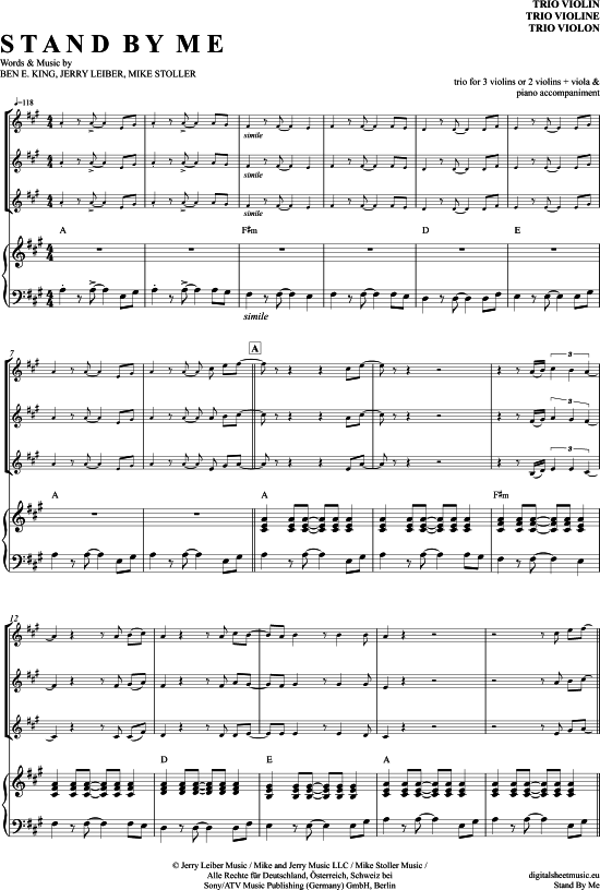 Stand By Me Violinen Trio + Klavier PDF Noten von Ben E. King in A