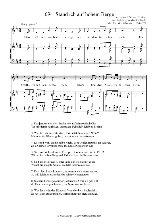 Stand ich auf hohem Berge (Klavier + Gesang) (Klavier  Gesang) von Nach einem 1771 von Goethe im Elsa aufgezeichneten Liede 