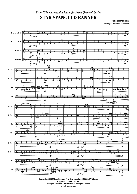 Star Spangled Banner (2xTromp in B Horn in F (Pos) Pos) (Quartett (Blech Brass)) von John Stafford Smith (arr. Green)