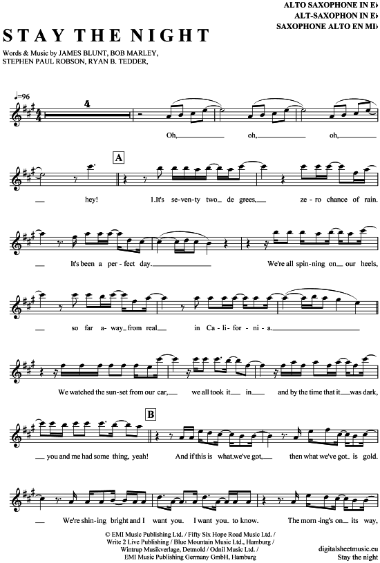 Stay the night (Alt-Sax) (Alt Saxophon) von James Blunt