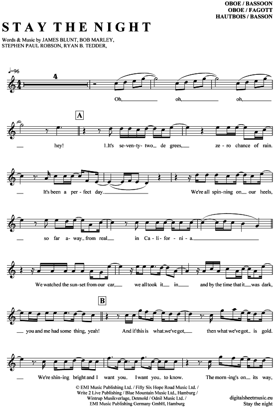 Stay the night (Oboe  Fagott) (Oboe Fagott) von James Blunt