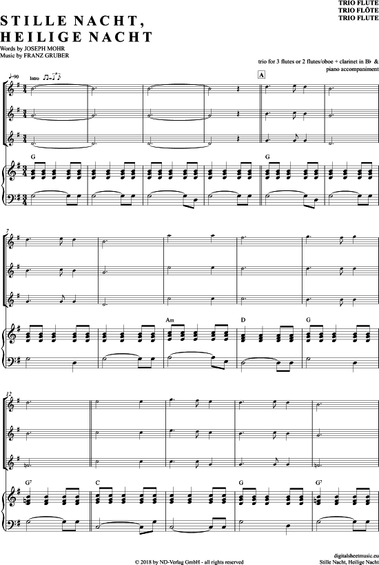 Stille Nacht heilige Nacht (Fl ten Trio + Klavier) (Trio (Fl te)) von Franz Xaver Gruber