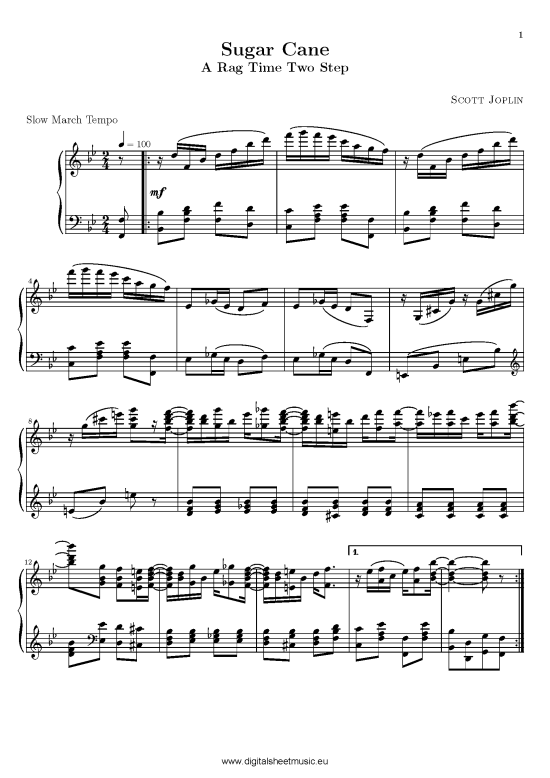 Sugar Cane Rag Klavier solo - PDF Noten von Scott Joplin 1868-1917 in ...