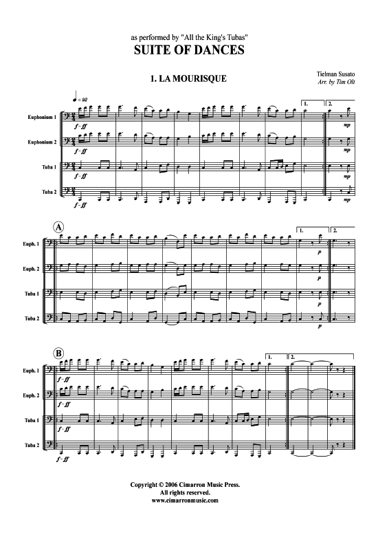 Suite of Dances - 5 S auml tze (Tuba Quartett 2x Bariton 2xTuba) (Quartett (Tuba)) von Tielman Susato