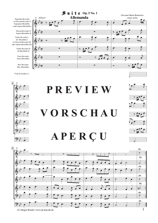 Suite Op. 5 No. 1 (Blockfl ten Ensemble + Viola da Gamba Cello) (Ensemble (Holzbl ser)) von Giovanni Maria Bononcini
