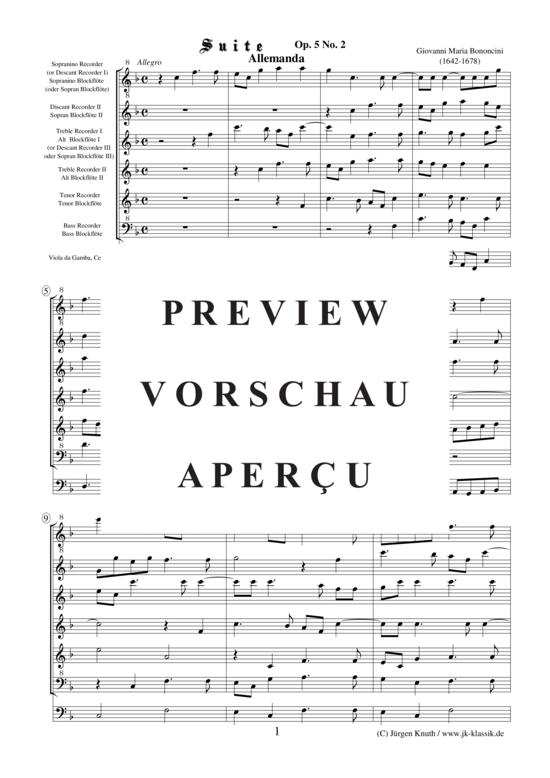 Suite Op. 5 No. 2 (Blockfl ten Ensemble + Viola da Gamba Cello) (Ensemble (Holzbl ser)) von Giovanni Maria Bononcini