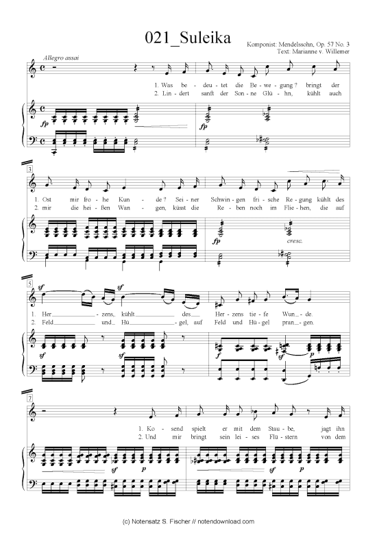 Suleika (Klavier + Gesang) (Klavier  Gesang) von Felix Mendelssohn Bartholdy (1809-1947)