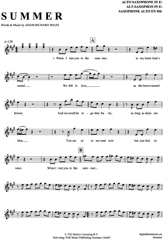 Summer (Alt-Sax) (Alt Saxophon) von Calvin Harris