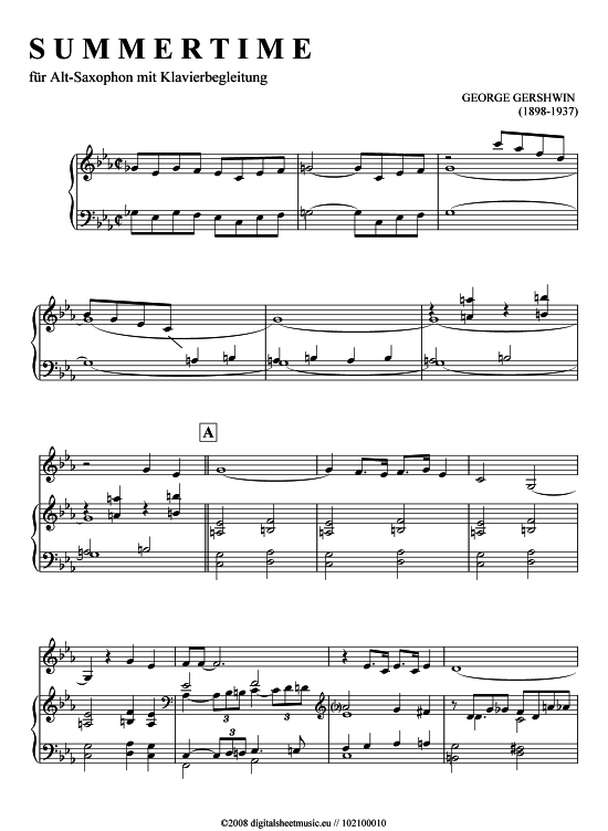 Summertime (Alt-Sax + Klavier) C-Dur (Alt Saxophon) von George Gershwin (1898-1937)
