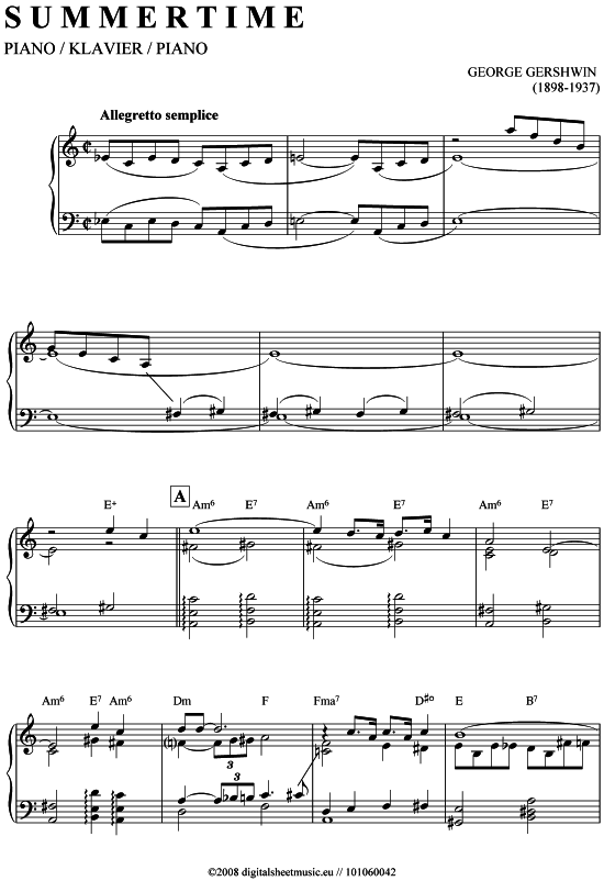 Summertime (Klavier Solo C-Dur) (Klavier Solo) von George Gershwin (1898-1937)