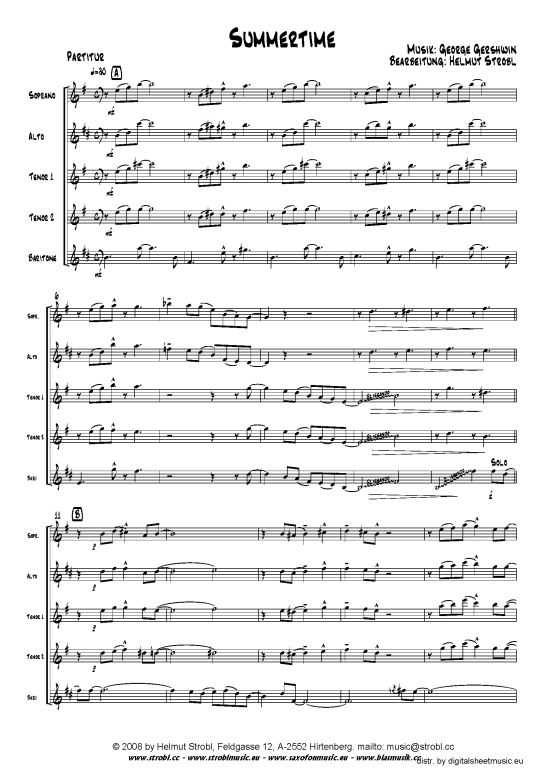 Summertime (Saxophon-Quintett (S)AATTB) (Quintett (Saxophon)) von George Gershwin (arr. Helmut Strobl)