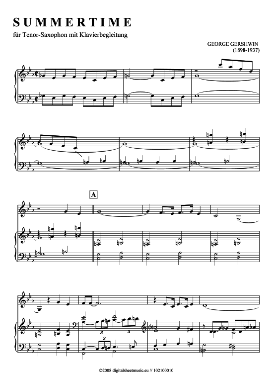 Summertime (Tenor-Sax + Klavier) (Tenor Saxophon) von George Gershwin (1898-1937)
