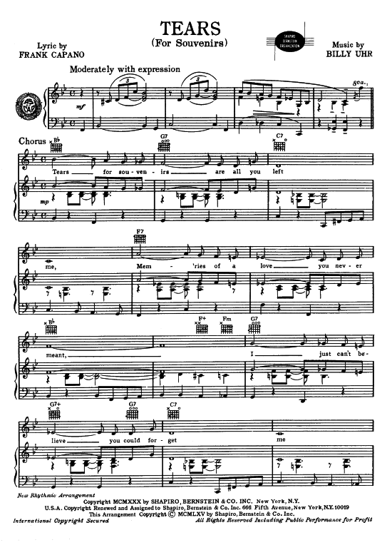 Tears (For Souvenirs) (Klavier + Gesang) (Klavier Gesang  Gitarre) von Rudy Vallee Ken Dodd 
