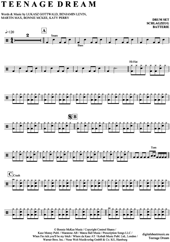 Teenage Dream Drums PDF Noten von Katy Perry in 7150135