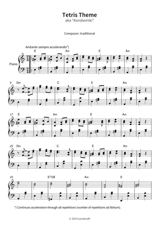 Tetris Theme - aka Korobeiniki (Klavier Solo) (Klavier Solo) von traditional