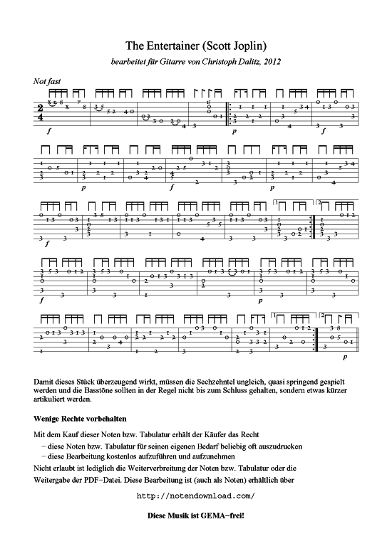 The Entertainer (Gitarre TAB Solo) (Gitarre) von Scott Joplin (arr. Christoph Dalitz)